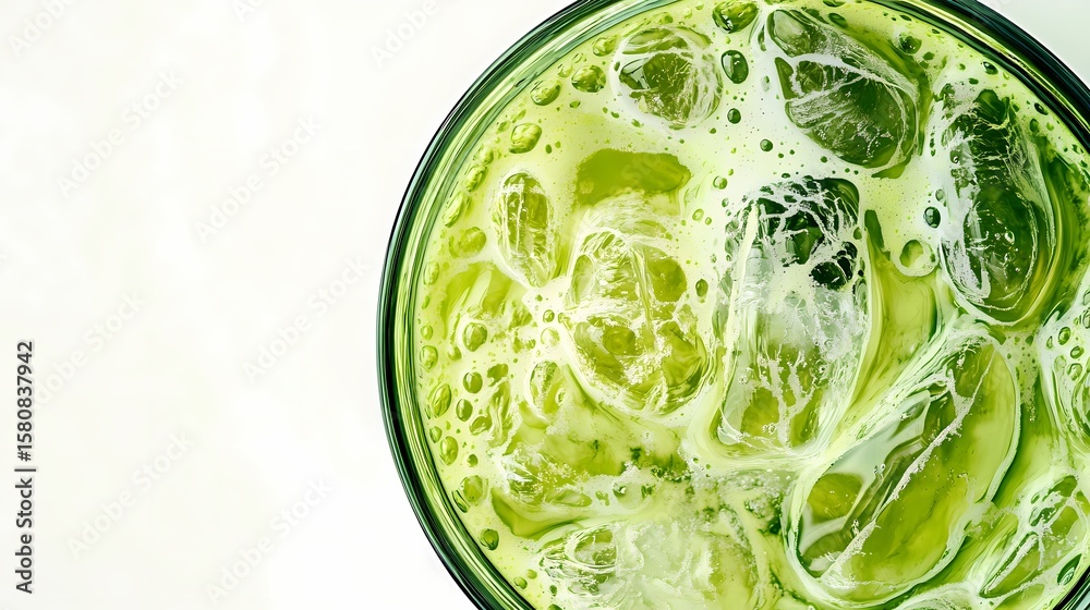Obraz premium Cold matcha green tea with ice cubes in glass