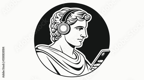 Classical Greek Statue Listening to Music on Smartphone with Headphones
