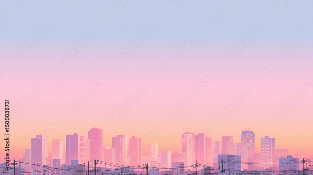 City skyline at sunset with pastel colors reflecting on the buildings, creating a serene urban atmosphere, highlighting the transition from day to night City skyline at sunset with pastel colors reflecting on the buildings, creating a serene urban atmosphere, highlighting the transition from day to night