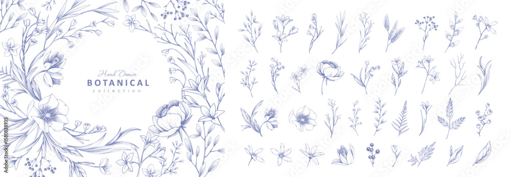 Fototapeta premium Set of detailed various flowers and foliage, intricate details and delicate forms. Hand drawn vector illustration with elegant botanical elements for invitation, save the date card