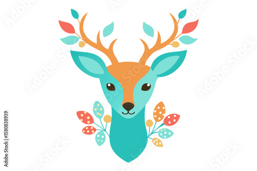 Elegant Floral Calico Deer Head Illustration on White Background