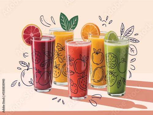 Colorful fruit juices in decorated glasses with fruit slices vector