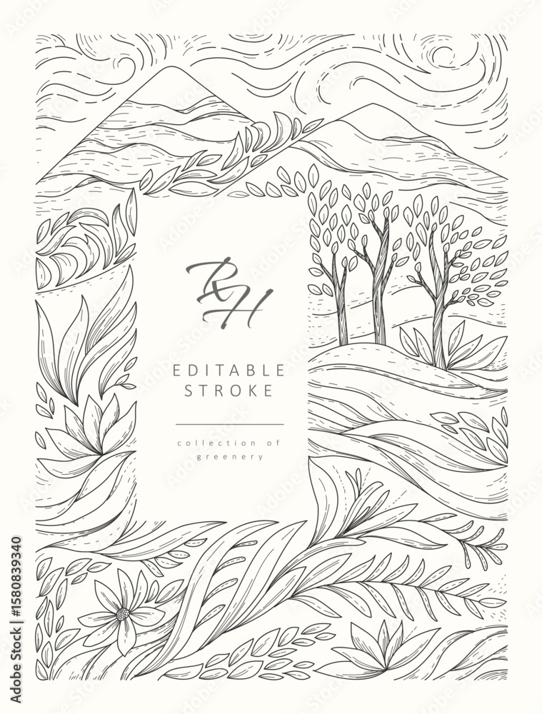 Naklejka premium Detailed frame illustrated with landscape and floral elements. Luxury elegant brochure for wedding invitation, wallpaper art or save the date card. Editable stroke vector