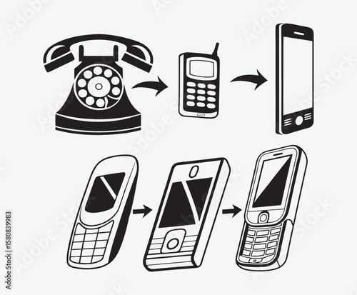 Rotary Phone to Smartphone Evolution Black and White Illustration