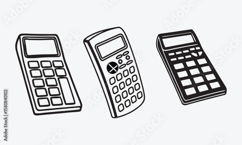 Three Black and White Calculators Hand Drawn Illustration