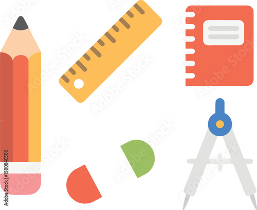 Essential School Supplies Vector Icon Set with Pencil, Ruler, Notebook, Eraser, Compass Illustration
