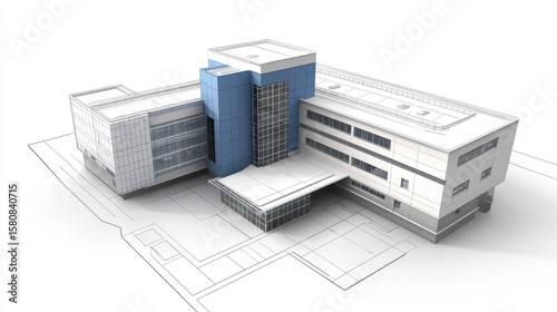 Modern Architectural Rendering: Blue and White Building Design, Isometric View.