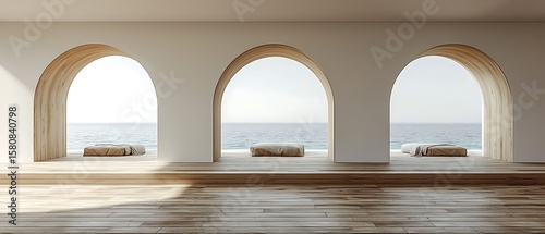 Serenity and Peaceful View from Minimalist Arched Windows by Ocean