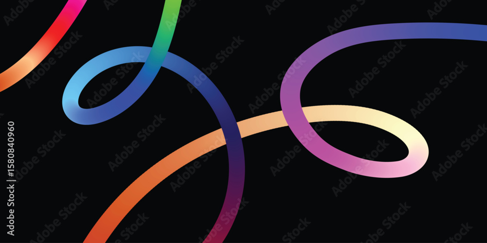 Obraz premium Vibrant, Intertwined Rainbow Lines on a Black Background. A dynamic image featuring interwoven, colorful lines in various shades of the rainbow against a solid black backdrop.