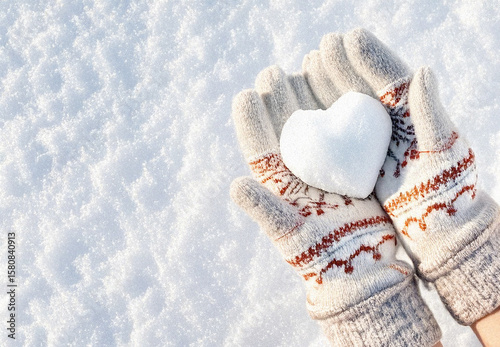 Hands in knitted mittens with heart shaped snow. Winters Day. Valentine's Day