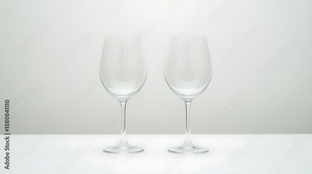 Two Elegant Empty Wine Glasses Standing On A White Tabletop Background Two Elegant Empty Wine Glasses Standing On A White Tabletop Background
