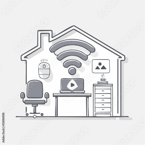 Home office workspace with laptop, wifi, and smart devices, illustrating remote work or online collaboration.