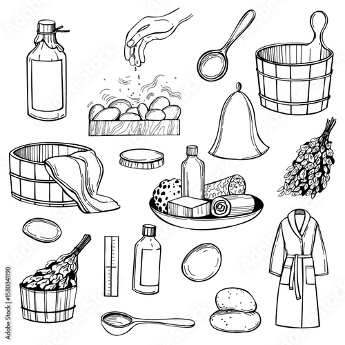  Hand-drawn Finnish sauna, steam room bathhouse set. Vector sketch  illustration.