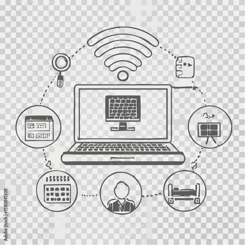 A laptop connected to various icons representing online activities and services, including a calendar and screen.