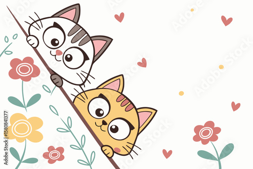 Playful cartoon cats peeking out from the edges of a seamless pattern