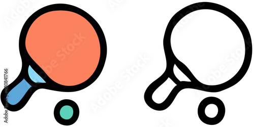 Two ping pong paddles and balls, one colored, one black and white.