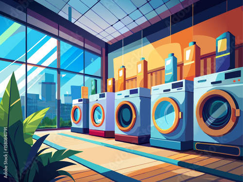 Row of modern washing machines displayed in a bright showroom with large windows and sleek contemporary decor. Showcasing innovative household appliance design. Vector illustration