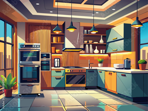 Stylish luxury inbuilt kitchen appliances with modern finishes and seamless integration. Contemporary interior design for high-end home kitchens