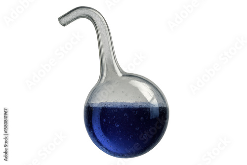 Glass retort with vibrant blue liquid, isolated on transparent background