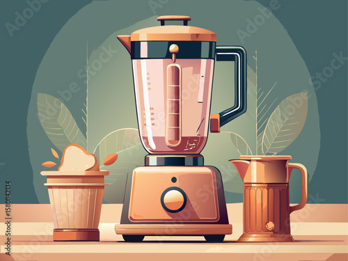 Rose gold blender with sleek design, a powerful kitchen appliance perfect for making smoothies and healthy drinks. Stylish and functional countertop equipment. Vector illustration