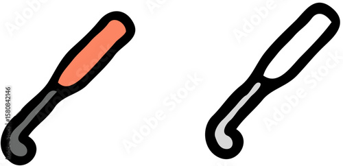 Two different colored crochet hooks, one coral and one white, depicted in a simple, outlined style.