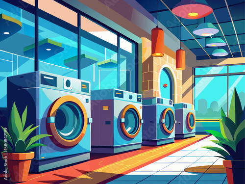 Row of modern washing machines displayed in a bright showroom with large windows and sleek contemporary decor. Showcasing innovative household appliance design. Vector illustration