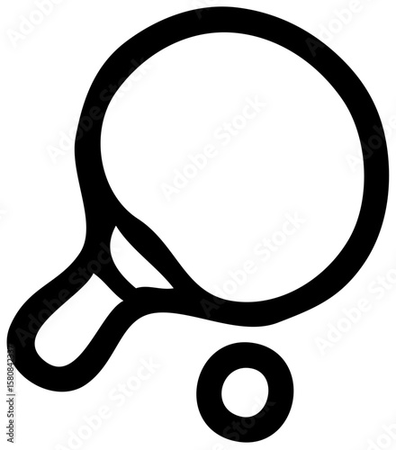 A simple black and white illustration of a ping pong paddle and ball.