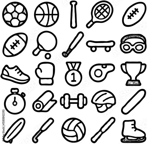 Collection of black and white line art sports equipment icons.