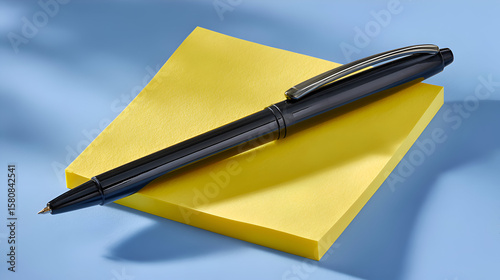 A black pen placed on a yellow note paper, on a blue background. Simple arrangement, suitable for minimalist or office design.