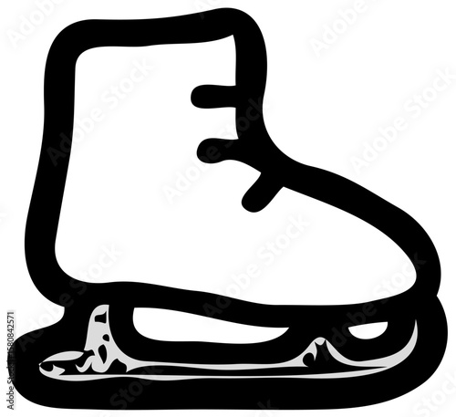 Simple black and white line drawing of an ice skate, showing the boot and blade.