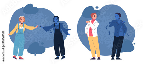 Self shadow. Aware woman man with unconscious ego, know unknown archetype oneself consciousness person mirror dark reflection best motivation psychology concept vector illustration