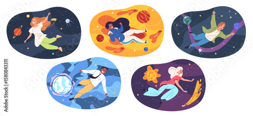 People flying space. Man woman dream fly in abstract universe, science explore galaxy planets person floating gravity imagination concept fantastic world classy vector illustration
