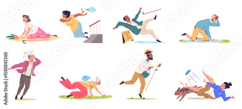 Falling old people. Senior person fall down accident, elderly woman injury elder slip stumble injured man with dizzy grandfather grandma fracture risk, classy vector illustration