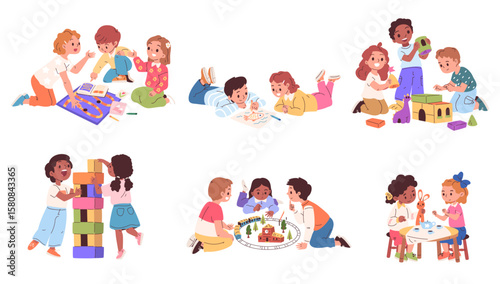 Children playing toys together. Kid play toy indoor kindergarten or home room, preschool baby child table game boy girl playroom activity cartoon toddler classy vector illustration