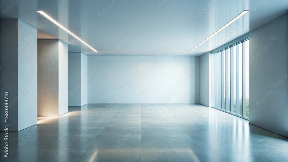 Fototapeta premium Modern minimalist empty room with large window and polished floor, ideal for showcasing products or design concepts