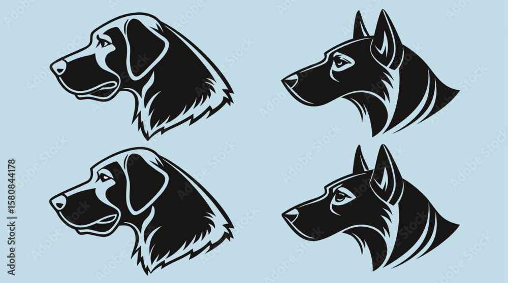 Fototapeta premium Stylized Dog Head Vector Set on Blue Background