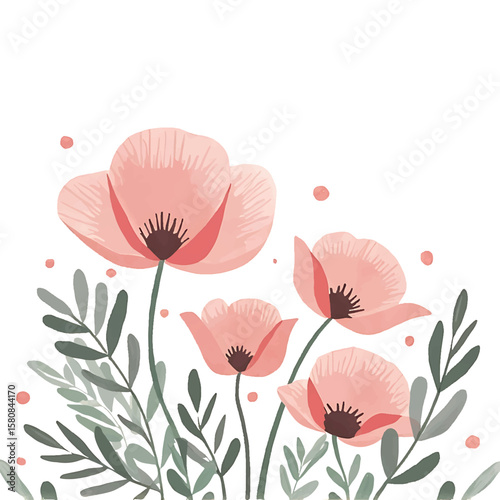Blooming Poppy: Delicate and vibrant, the artful rendering of poppy blooms and verdant foliage, a touch of spring in an artful, pastel style. 