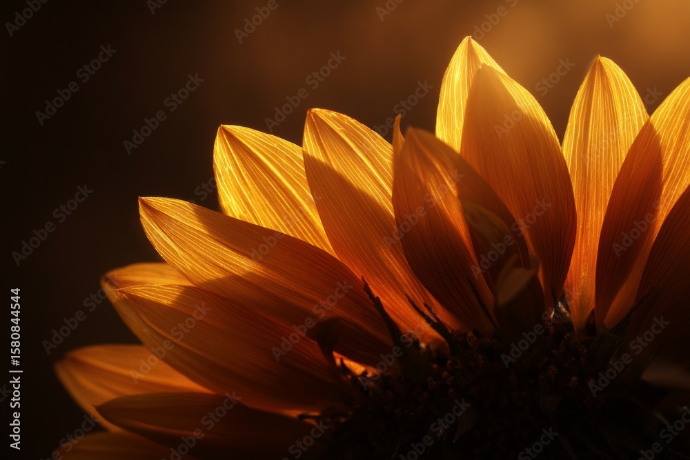 Obraz premium Golden sunflower petals illuminated by warm sunset light