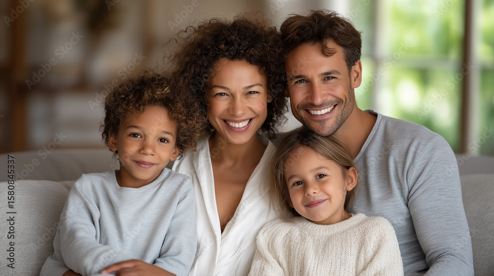 Fototapeta premium A happy family enjoying quality time on a cozy couch at home
