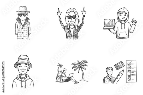 Hand-drawn avatars of people looking at camera in different moods and roles—spy, rocker, freelancer, student—in comic sketch style with copy space. Concept: digital identity, online education