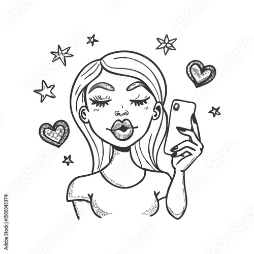 Hand-drawn sketch of girl taking selfie with heart and star symbols, eyes closed, lips pouting, in comic style on white. Concept: social media influencer, online flirting, beauty blog