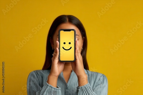 A woman is holding a cell phone up to her face, with a smiley face on the screen. Concept of happiness and positivity, as the woman is using her phone to capture a moment of joy