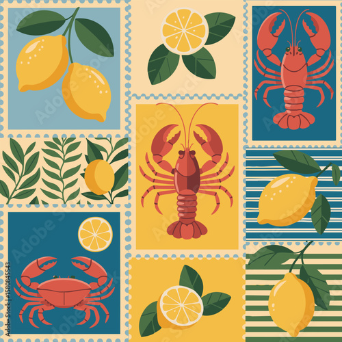 Lemons lobsters and crabs on postage stamps fruit seafood