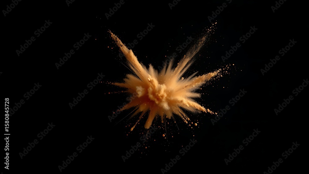 Fototapeta premium Abstract brown powder explosion in mid-air against a dark background, captured with dynamic motion.