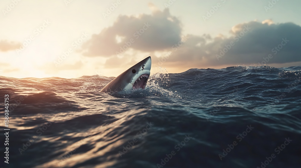 Fototapeta premium Ocean sunset sparkles around emerging shark fin high resolution picture