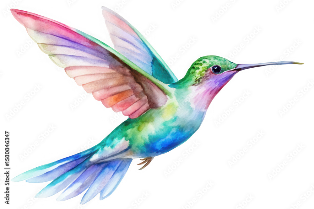Fototapeta premium Vibrant watercolor hummingbird with iridescent wings in flight isolated on transparent background
