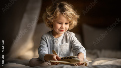 A joyful child playing with a toy airplane in soft light