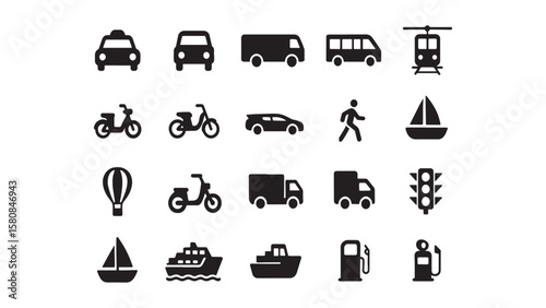 Travel and transportation vector icon set with city landmark symbols including car, truck, bus, train, taxi, airplane, and ship illustrations simple flat black and white illustration of transport icon