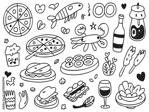 Playful food and drink doodles with characters pizza sandwich
