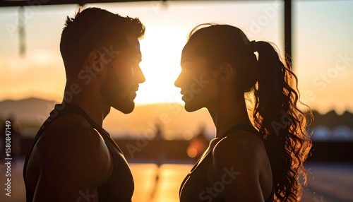 Silhouette of a couple facing each other at sunset